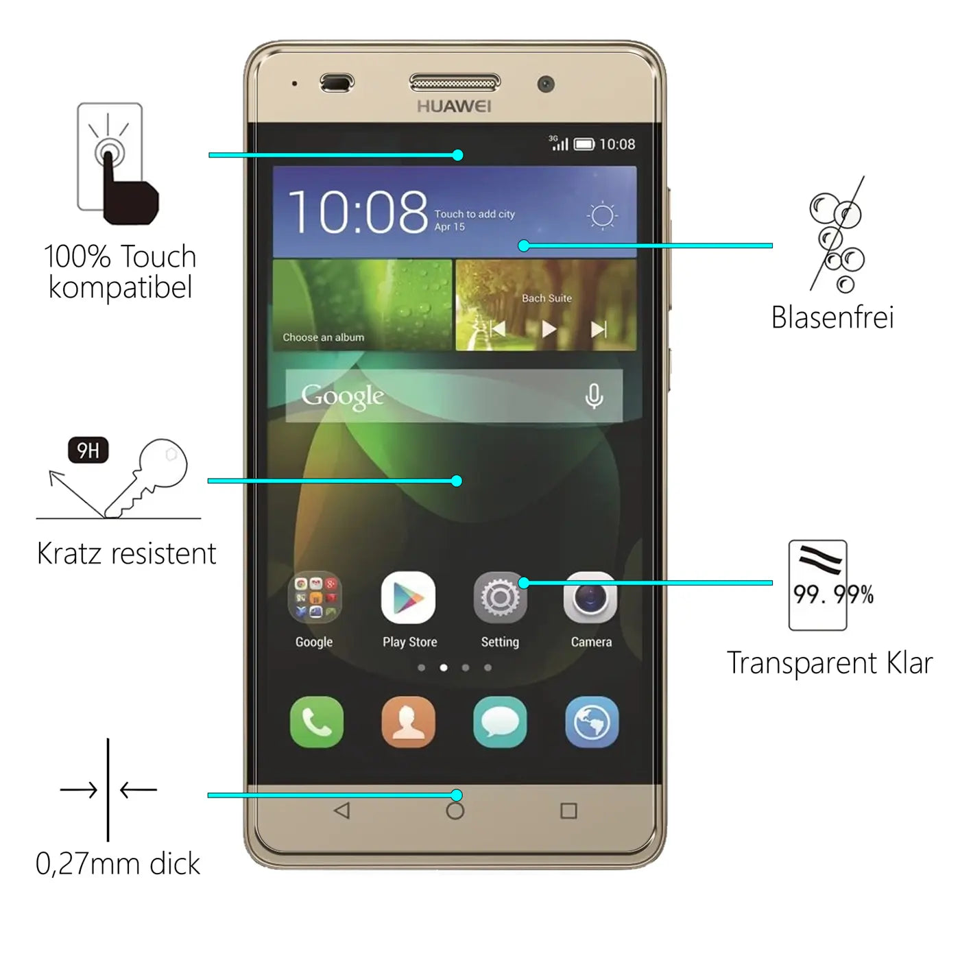Goldenes Huawei G Play Mini Smartphone mit transparentem Panzerglas-Displayschutz, Frontalansicht. Produktmerkmale sind.