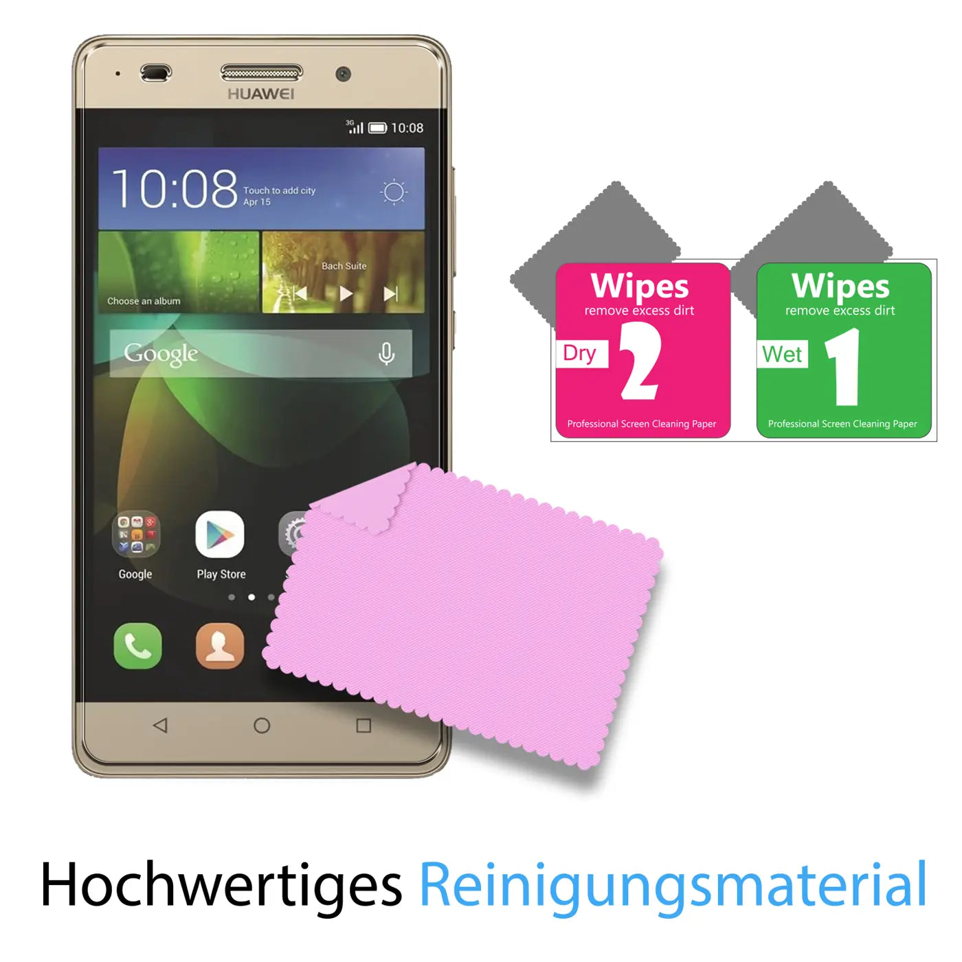 Goldenes Huawei G Play Mini von vorne, daneben rosa Mikrofasertuch und zwei Reinigungstücher (Wet/Dry) in Grün/Pink.