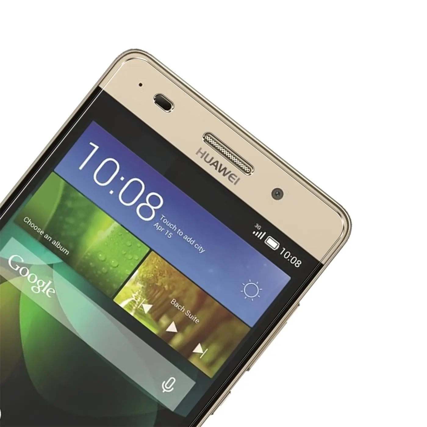 Goldenes Huawei G Play Mini Smartphone, schräg von oben rechts. Display mit Uhrzeit und Widgets.