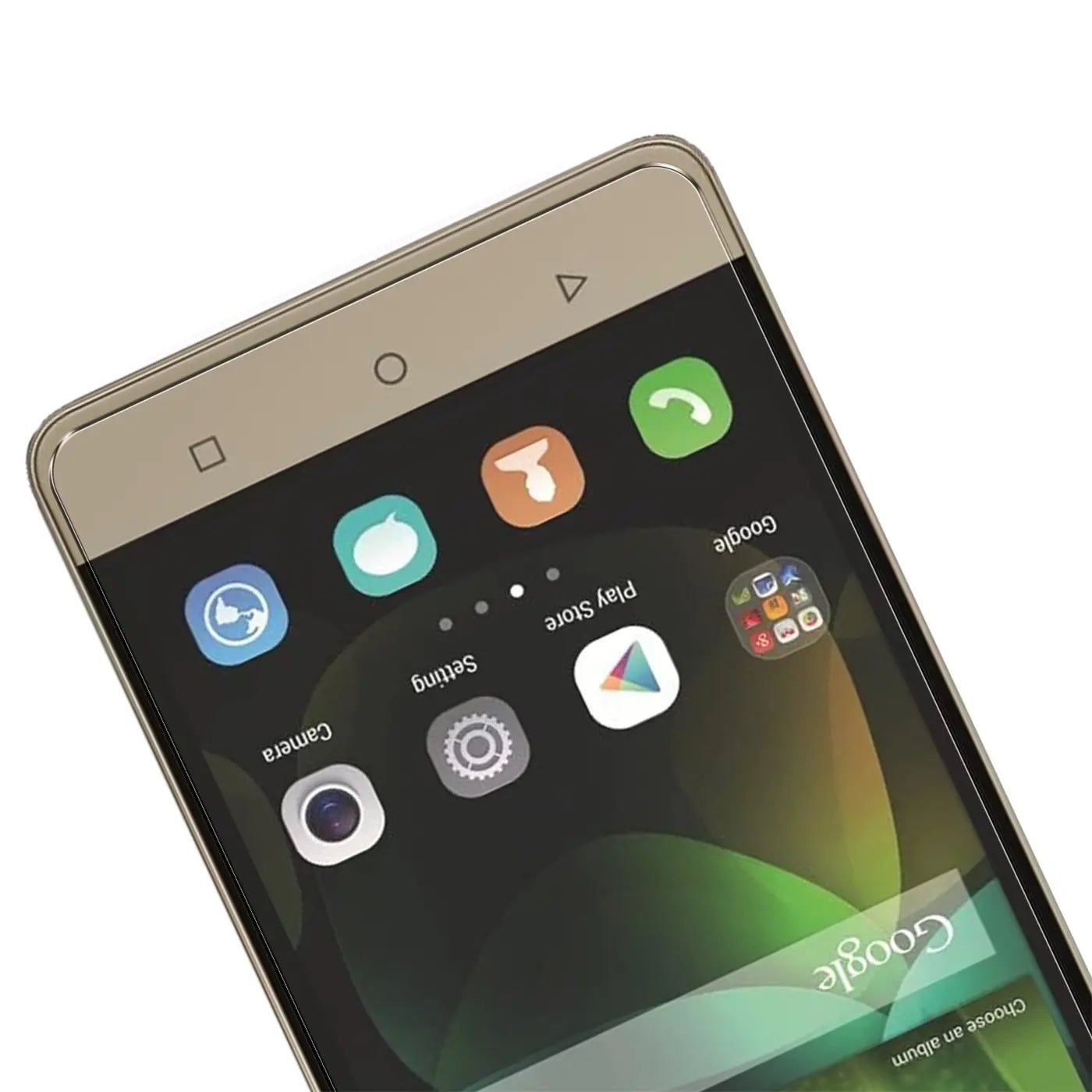 Huawei G Play Mini Smartphone, gold, von oben rechts schräg auf die Frontansicht.