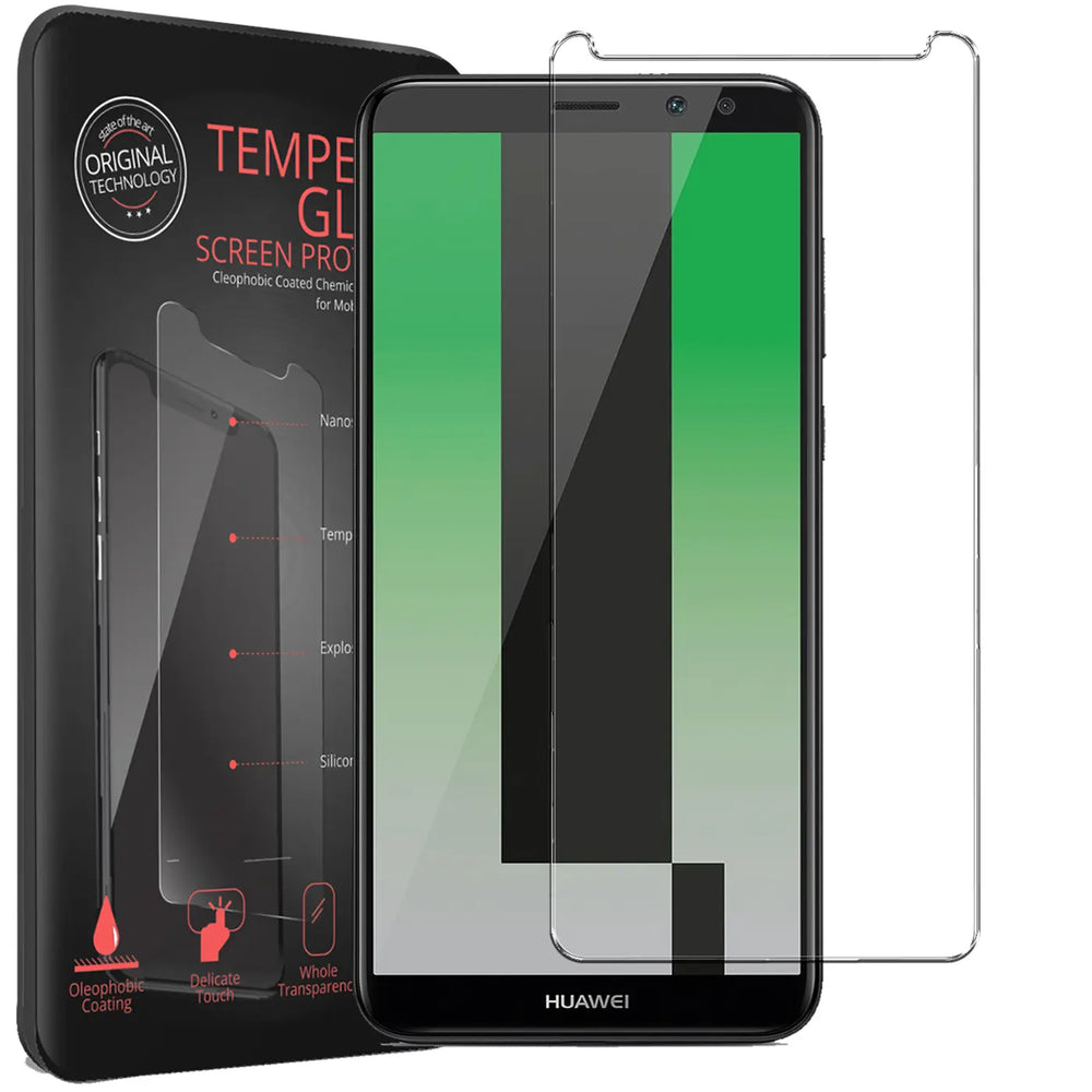 Schwarzes Huawei Mate 10 Lite mit Panzerglas-Displayschutz und Verpackung, von vorne leicht schräg.