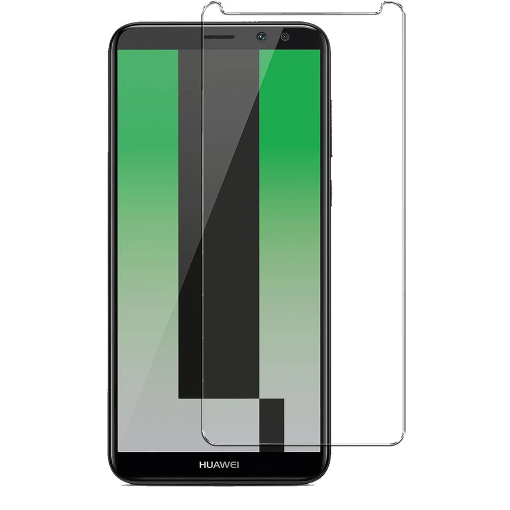 Huawei Mate 10 Lite von vorne mit einem teilweise aufgelegten, transparenten Panzerglas Displayschutz.