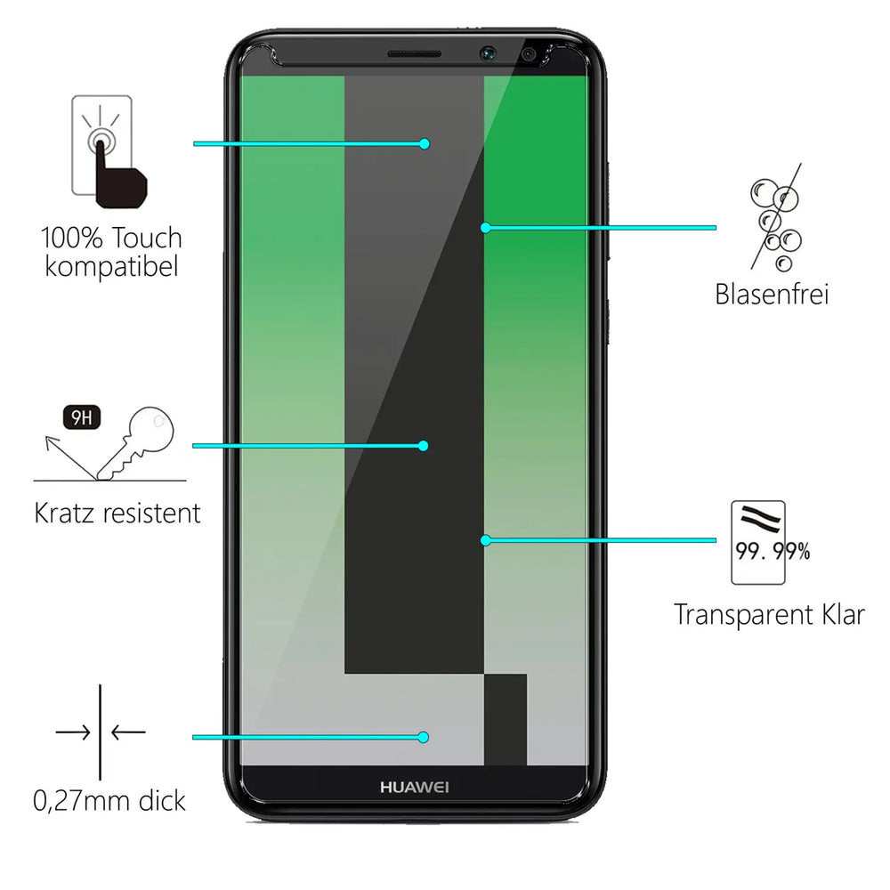 Schwarzes Huawei Mate 10 Lite von vorne mit Panzerglas-Displayschutz und grüner Anzeige, umgeben von Produktmerkmalen.