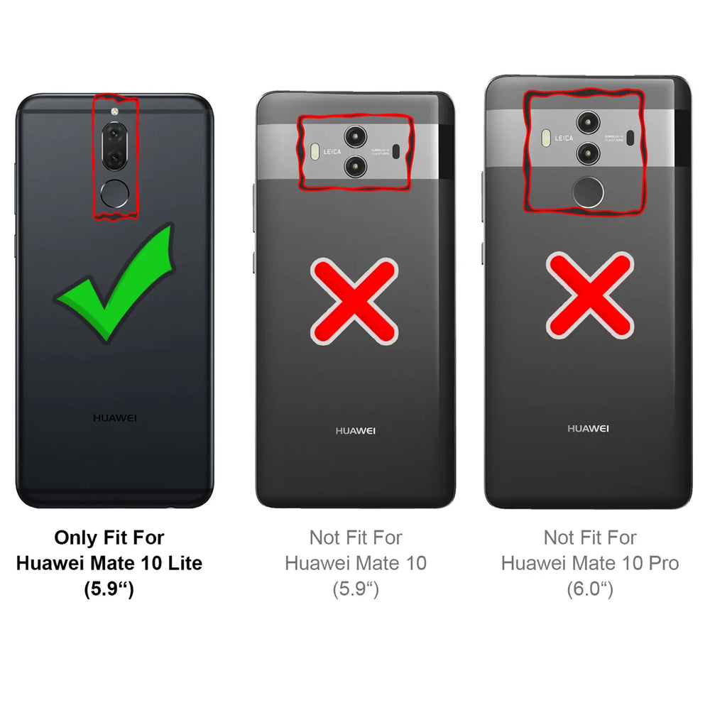 Drei schwarze Huawei Smartphones von hinten. Links Mate 10 Lite mit grünem Haken, Mitte Mate 10, rechts Mate 10 Pro, beide.