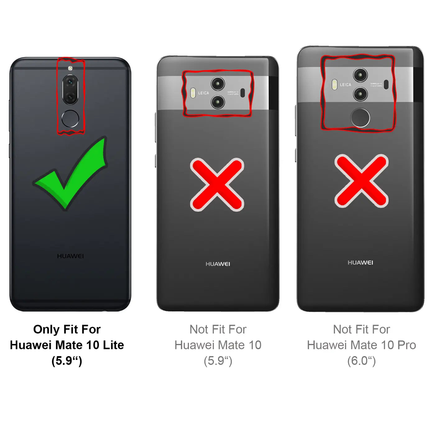 Drei schwarze Huawei Smartphones von hinten. Links Mate 10 Lite mit grünem Haken, Mitte Mate 10, rechts Mate 10 Pro, beide.
