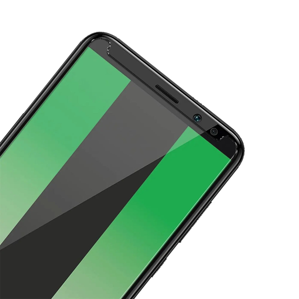 Schwarzes Huawei Mate 10 Lite mit Panzerglas-Displayschutz, schräg von oben rechts, grüner Bildschirm mit schwarzen Streifen.