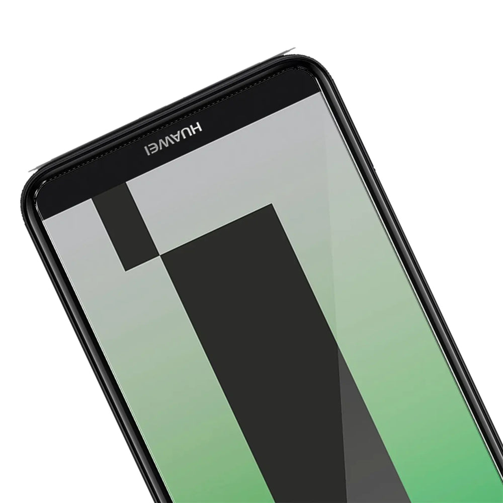 Nahaufnahme des oberen Teils eines schwarzen Huawei Mate 10 Lite Smartphones, schräg von oben, mit Display.