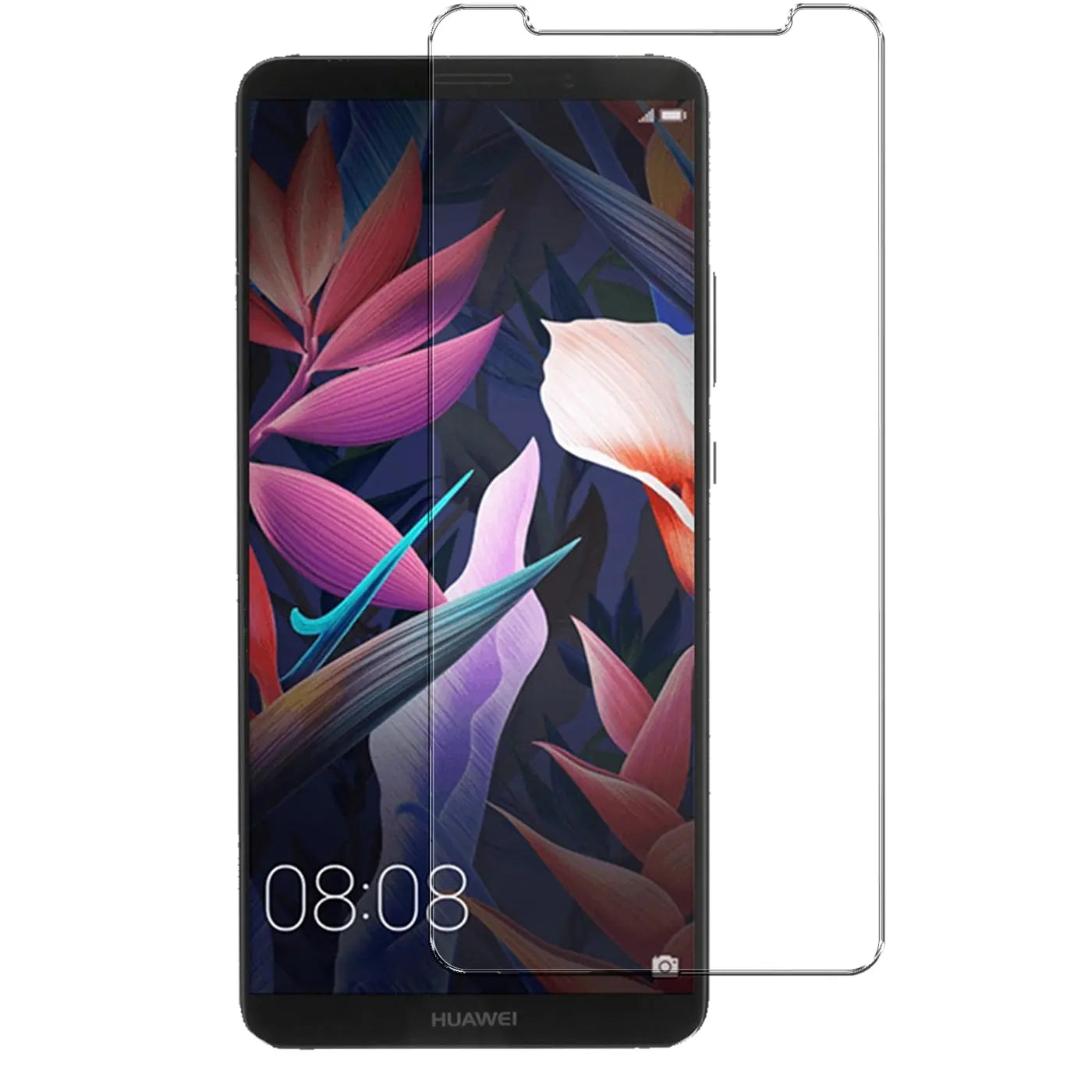 Huawei Mate 10 Pro mit transparentem Panzerglas-Displayschutz, von vorne, leicht nach rechts versetzt.