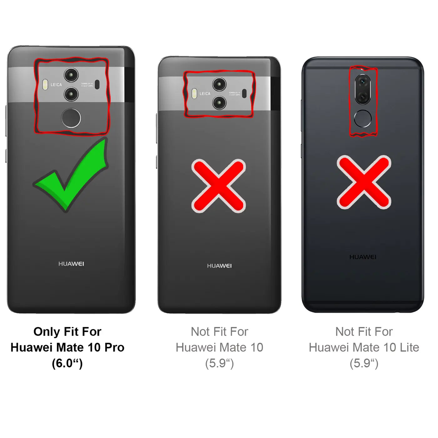 Drei schwarze Huawei Mate Smartphones von hinten: Mate 10 Pro (Haken), Mate 10 (X), Mate 10 Lite (X).