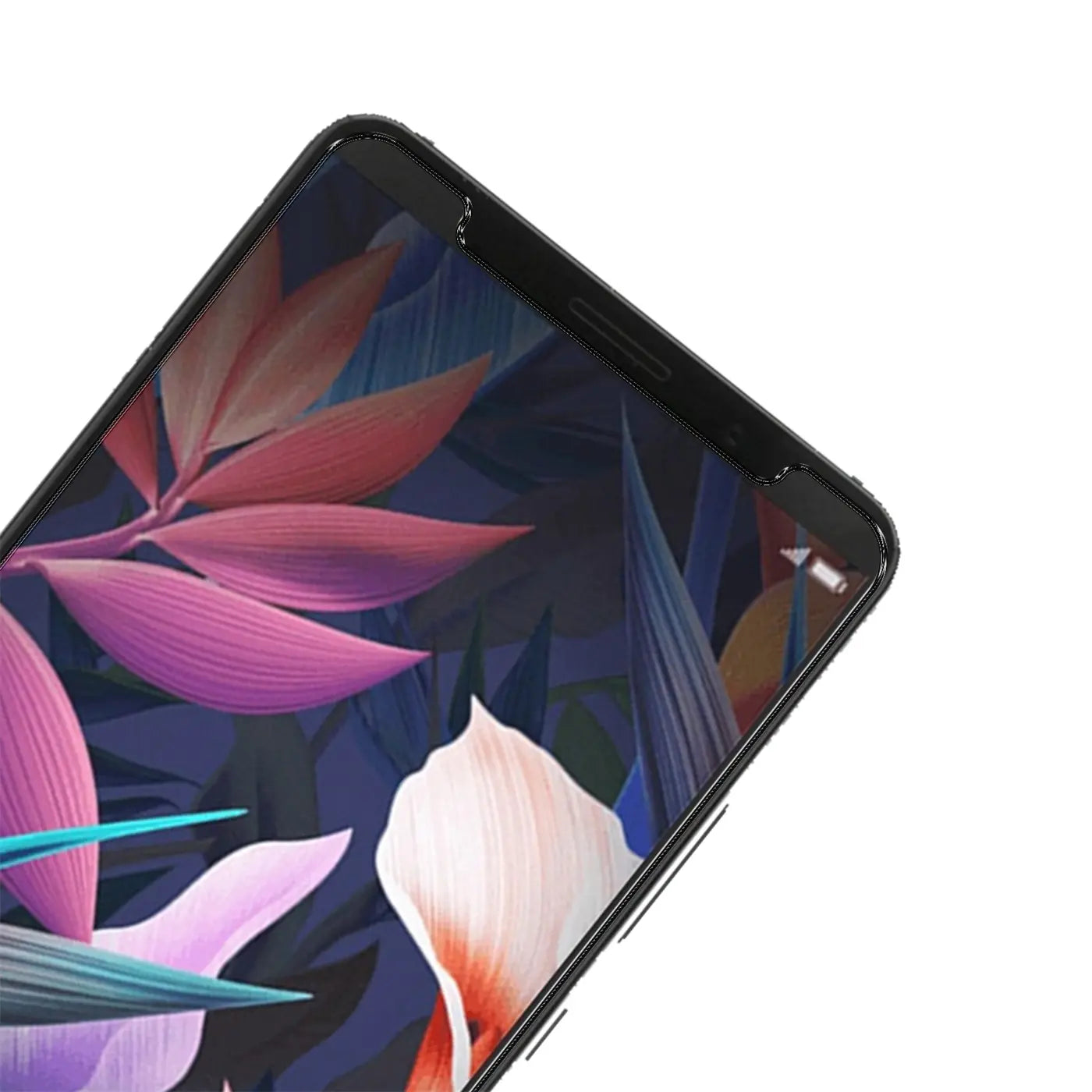 Oberer Teil eines schwarzen Huawei Mate 10 Pro mit farbigem Display-Hintergrund, schräg von oben rechts.