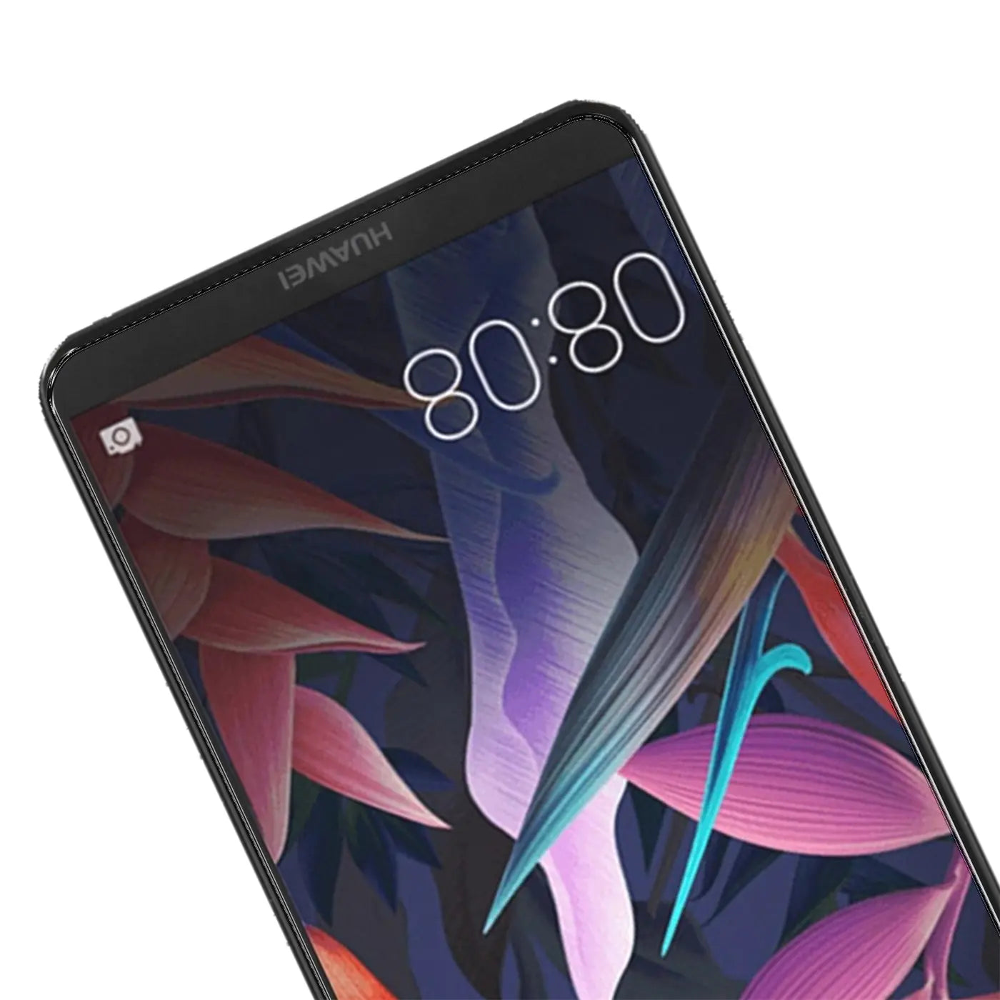 Schwarzes Huawei Mate 10 Pro Smartphone, obere rechte Ecke, schräg von oben. Display mit bunter Tapete und Uhrzeit 08:08.