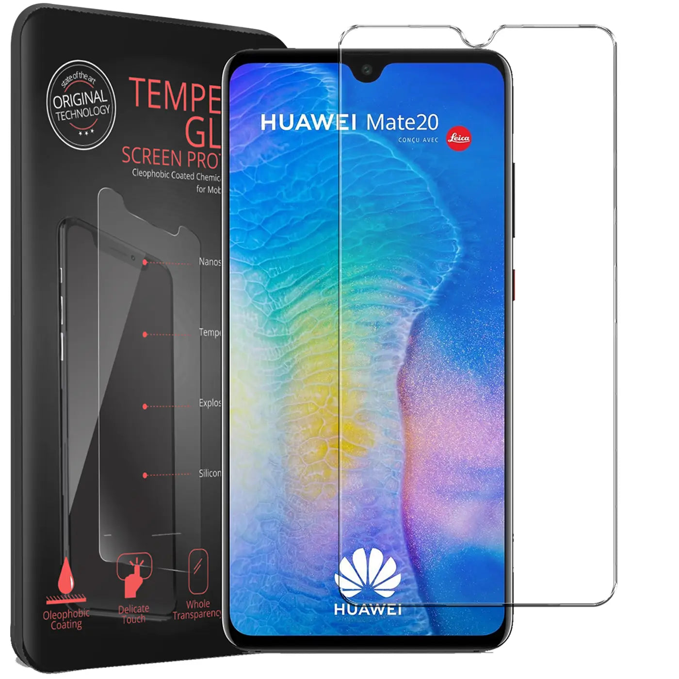 Schwarze Verpackung mit transparentem Panzerglas für Huawei Mate 20, daneben ein weiteres Panzerglas. Frontansicht.