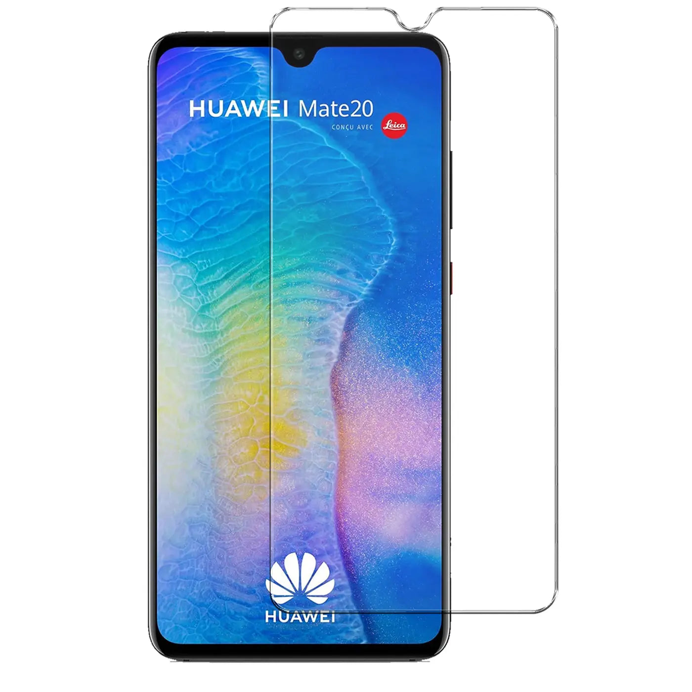 Huawei Mate 20 Smartphone mit transparentem Panzerglas-Displayschutz von vorne, leicht nach rechts versetzt.