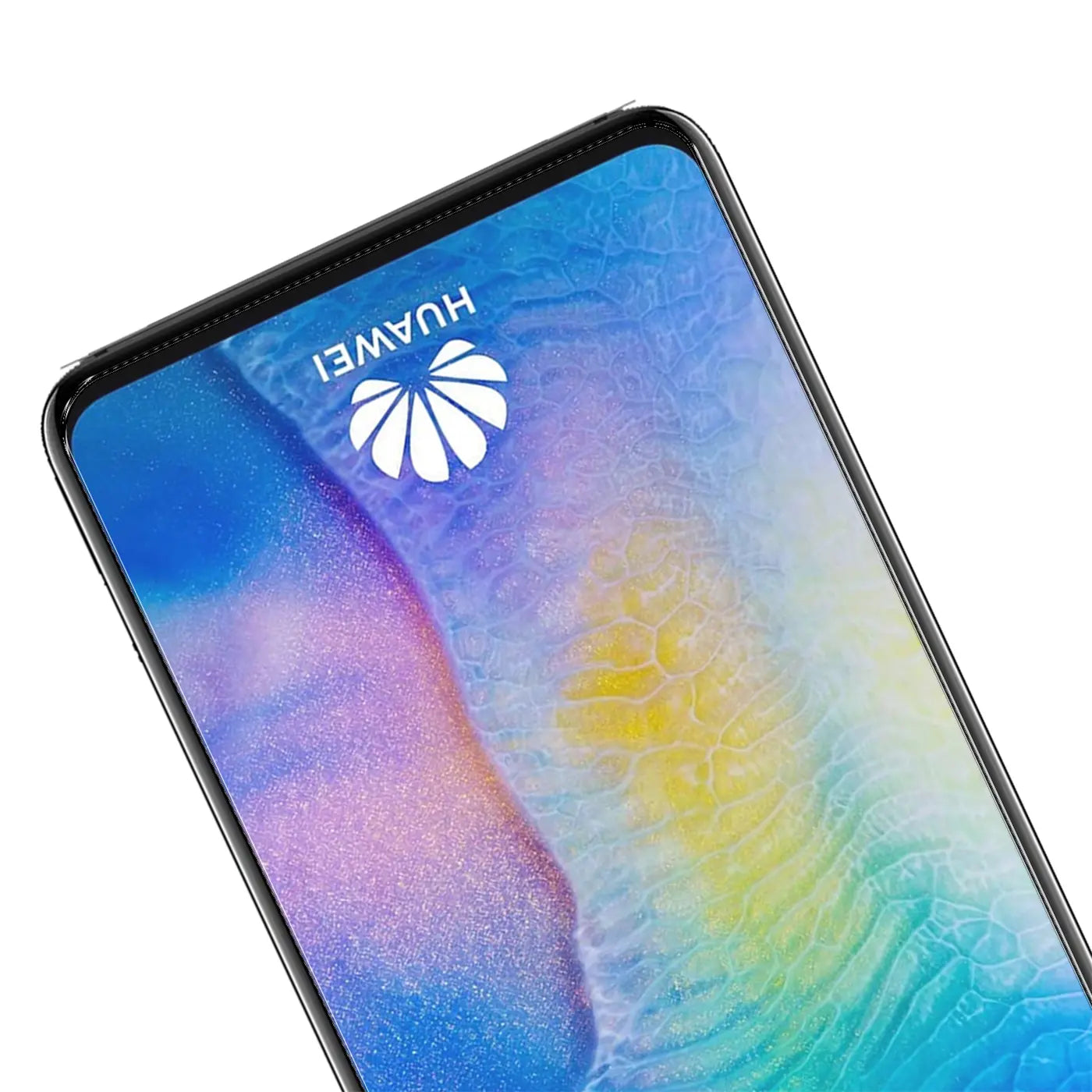 Nahaufnahme eines Huawei Mate 20 mit Panzerglas-Displayschutz, schräg von oben, mit buntem Hintergrundbild.