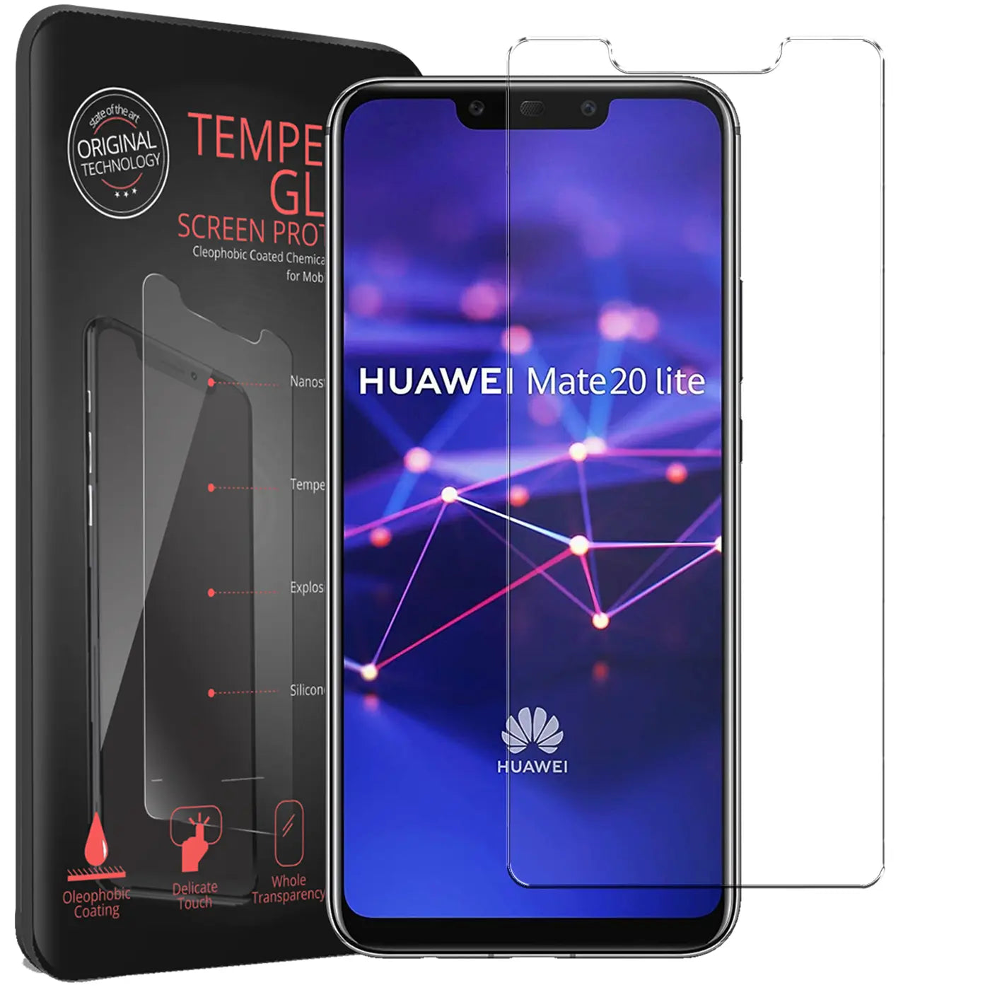 Schwarzes Huawei Mate 20 Lite mit aufgelegtem, transparentem Panzerglas-Displayschutz und schwarzer Verpackung, schräg von.