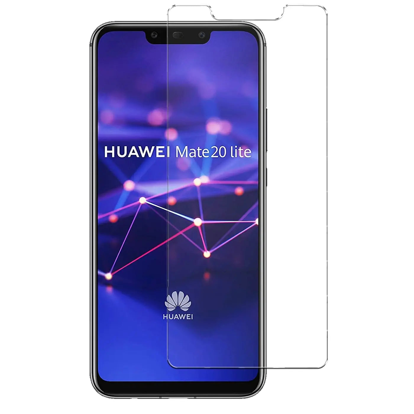 Huawei Mate 20 Lite Smartphone von vorne mit transparentem Panzerglas-Displayschutz, teilweise überlappend.