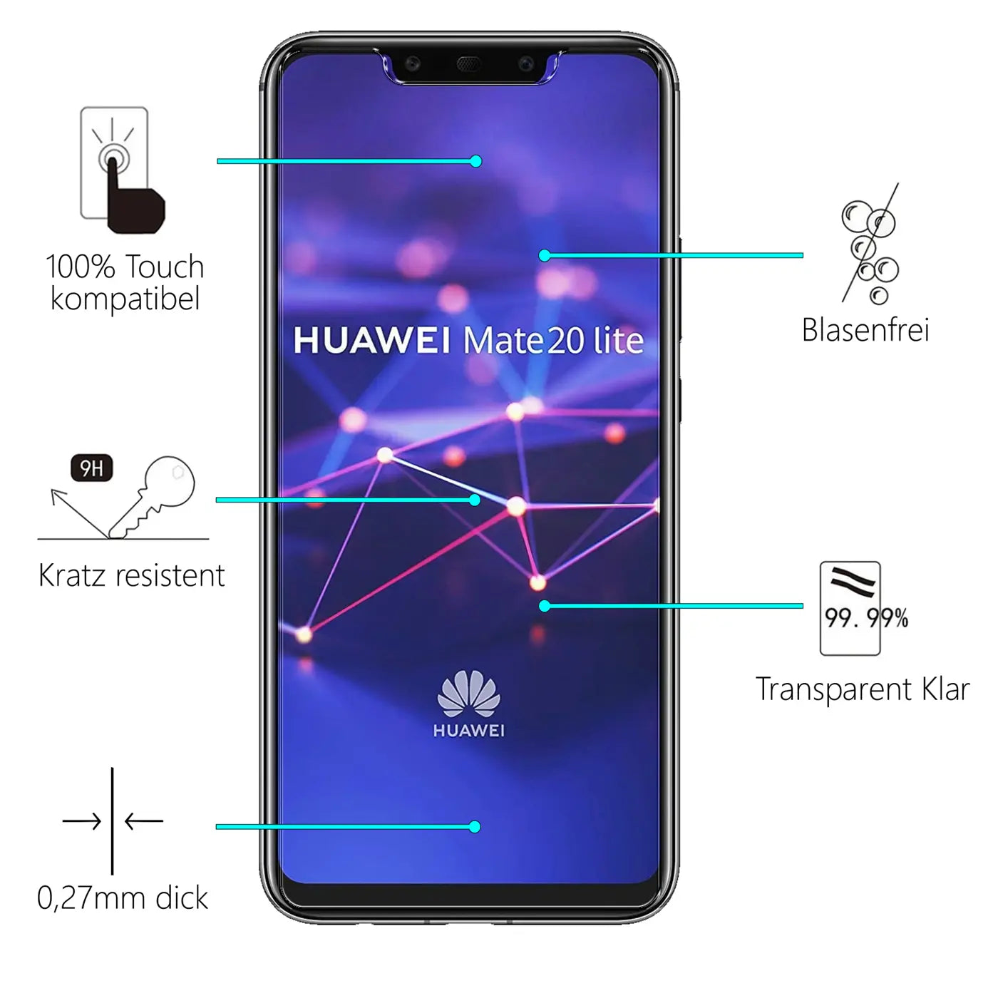 Huawei Mate 20 Lite Smartphone mit Panzerglas Displayschutz, frontal, mit blauen Produktmerkmal-Linien.