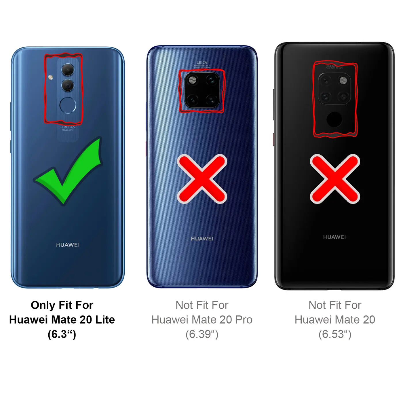 Rückansichten von drei Huawei Mate Smartphones (blau, blau, schwarz) mit Kameraausschnitten und Haken/Kreuzen.