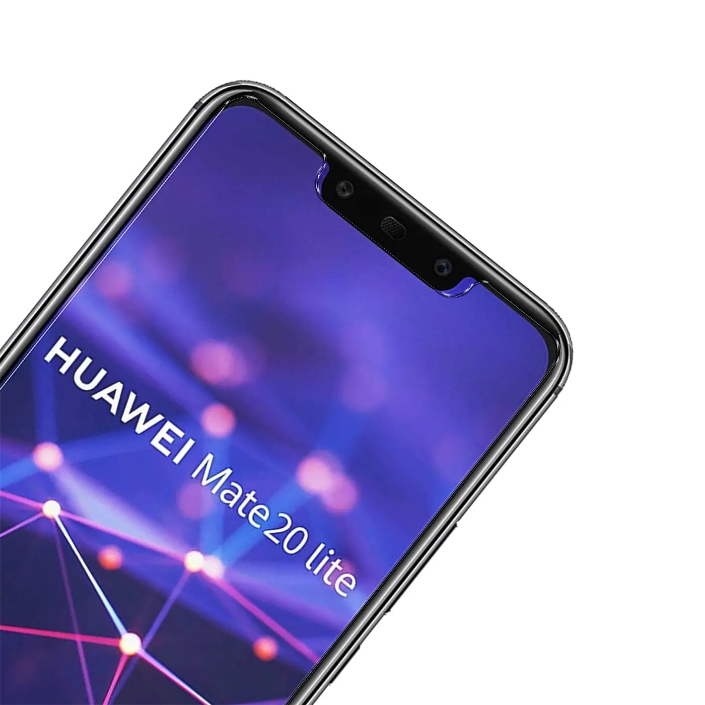 Nahaufnahme des oberen Teils eines schwarzen Huawei Mate 20 Lite mit violettem Display und schwarzer Notch, schräg von oben.
