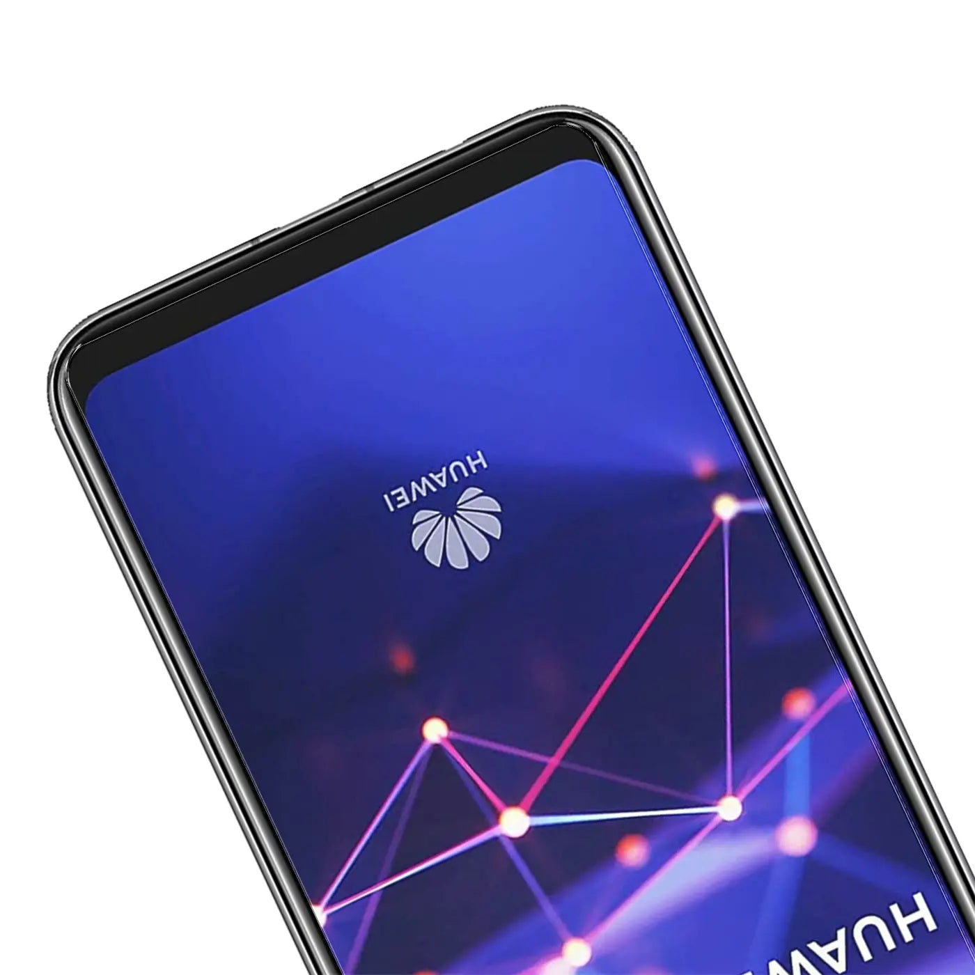 Nahaufnahme eines schwarzen Huawei Mate 20 Lite Smartphones mit blauem Display, schräg von oben rechts.
