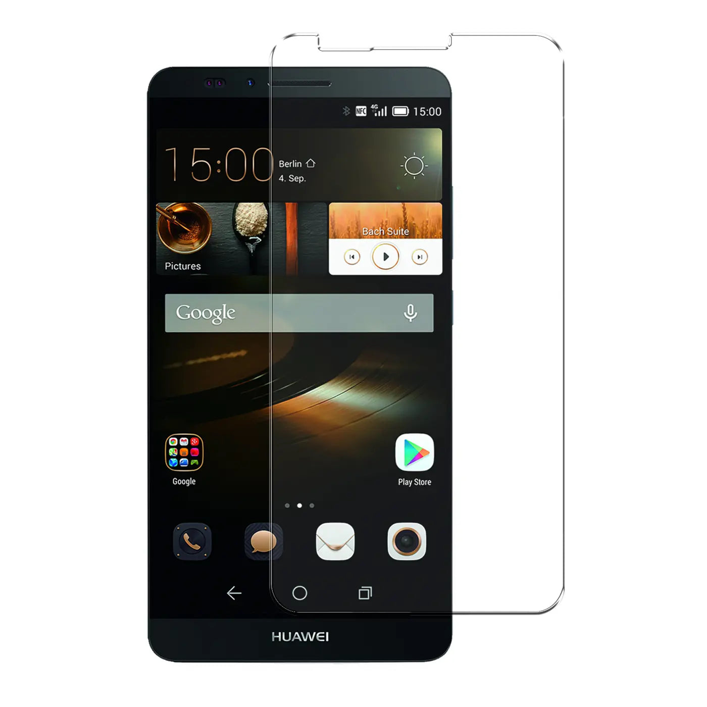 Schwarzes Huawei Mate 7 Smartphone von vorne mit transparentem Panzerglas-Displayschutz daneben.