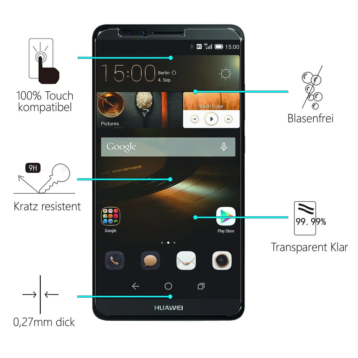 Schwarzes Huawei Mate 7 Smartphone von vorne mit Panzerglas Displayschutz. Eigenschaften wie kratzresistent, blasenfrei.
