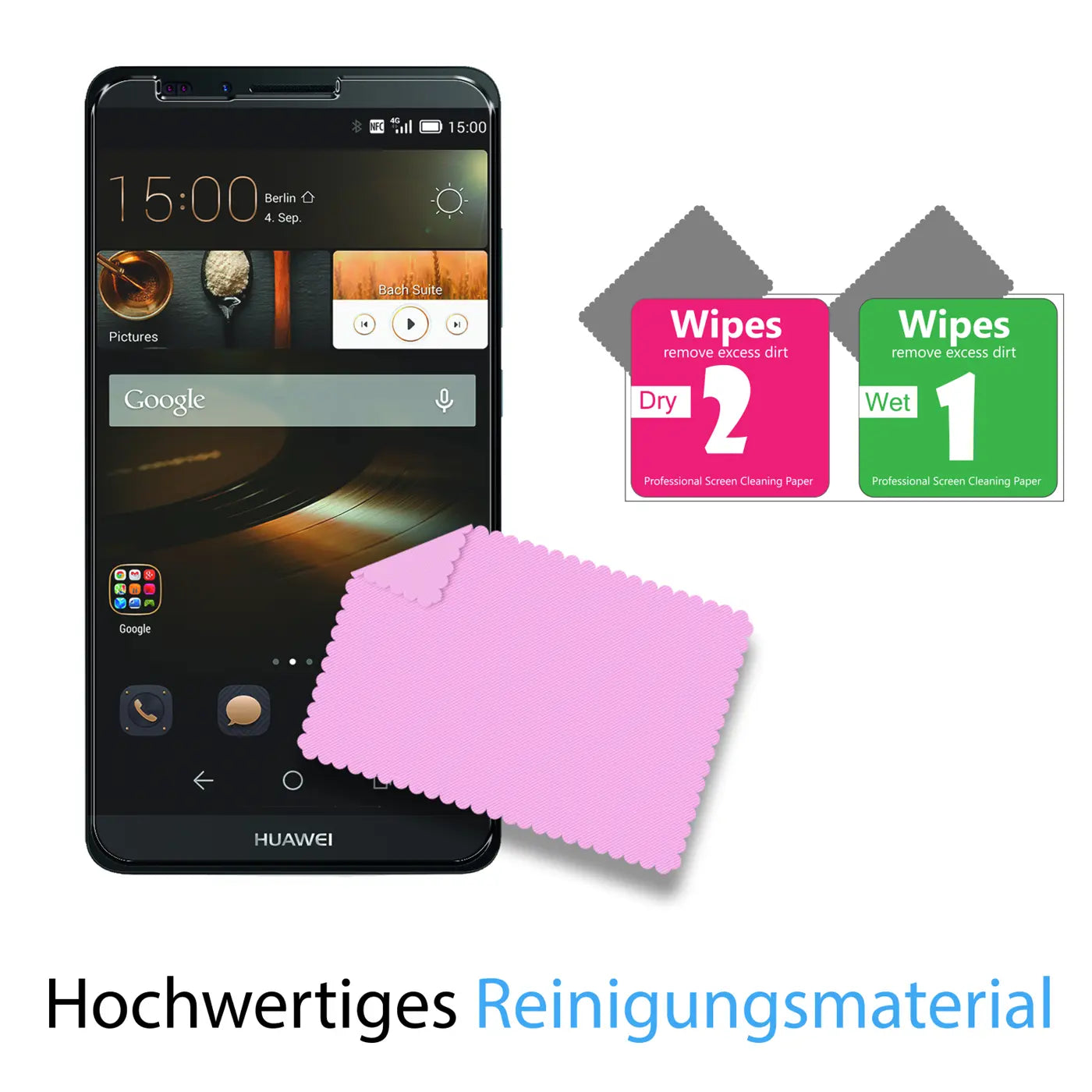Schwarzes Huawei Mate 7 Smartphone, ein rosa Mikrofasertuch und zwei Reinigungstücher (Wet/Dry) von schräg oben.