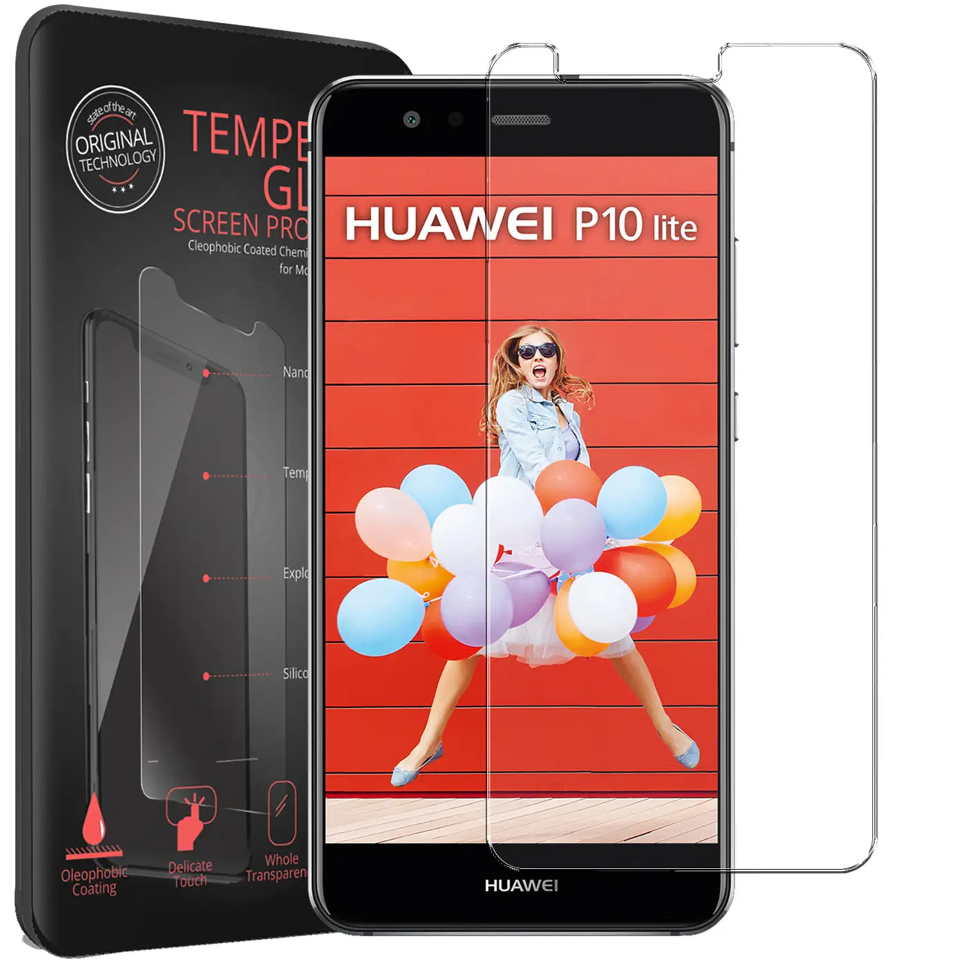 Schwarzes Huawei P10 Lite mit aufgelegtem, transparentem Panzerglas-Displayschutz und zweitem Schutz daneben.