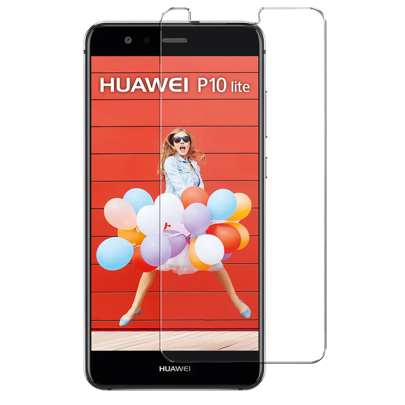 Schwarzes Huawei P10 Lite von vorne mit transparentem Panzerglas-Displayschutz und einem zweiten daneben.