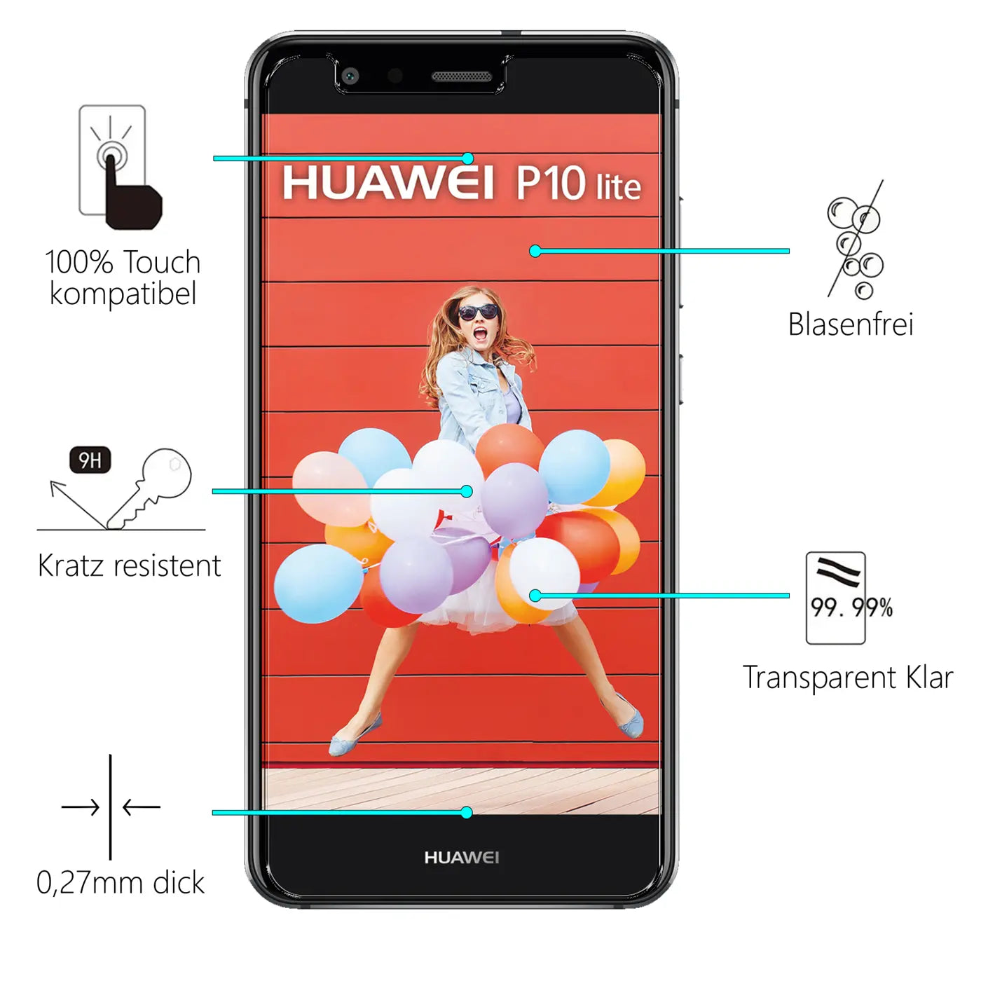 Schwarzes Huawei P10 Lite von vorne, mit Displayschutz und Eigenschaften wie "Kratz resistent" und "Blasenfrei".