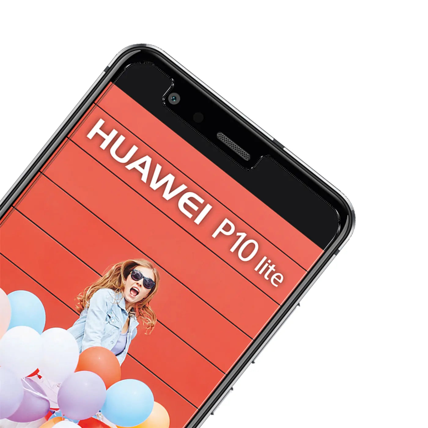 Nahaufnahme des oberen Bereichs eines schwarzen Huawei P10 Lite von oben rechts, mit rotem Display und Frau.