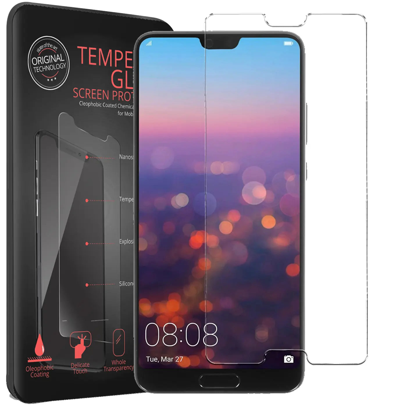 Schwarzes Huawei P20 mit angebrachtem Glas-Displayschutz, daneben ein zweiter Schutz und die schwarze Verpackung.