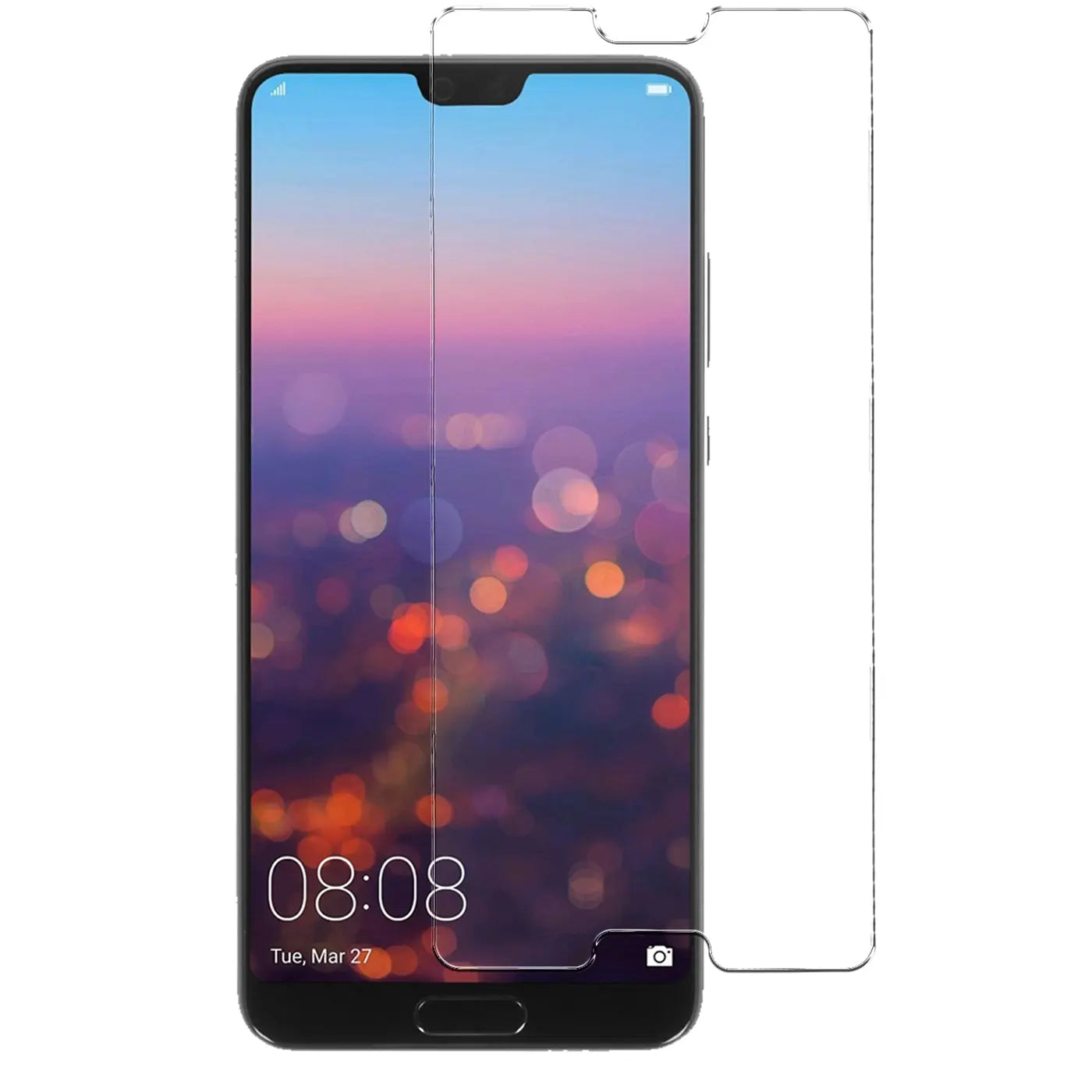 Huawei P20 Smartphone mit angebrachtem, transparentem Panzerglas-Displayschutz und einem weiteren daneben.