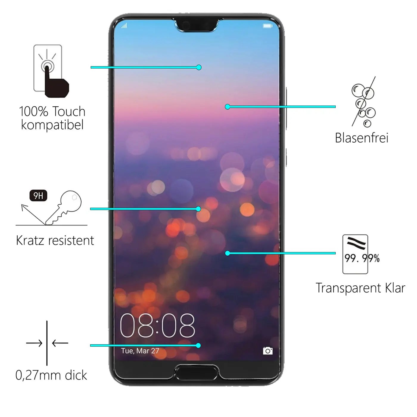 Frontansicht eines schwarzen Huawei P20 mit Panzerglas-Displayschutz und Infografiken zu dessen Eigenschaften.