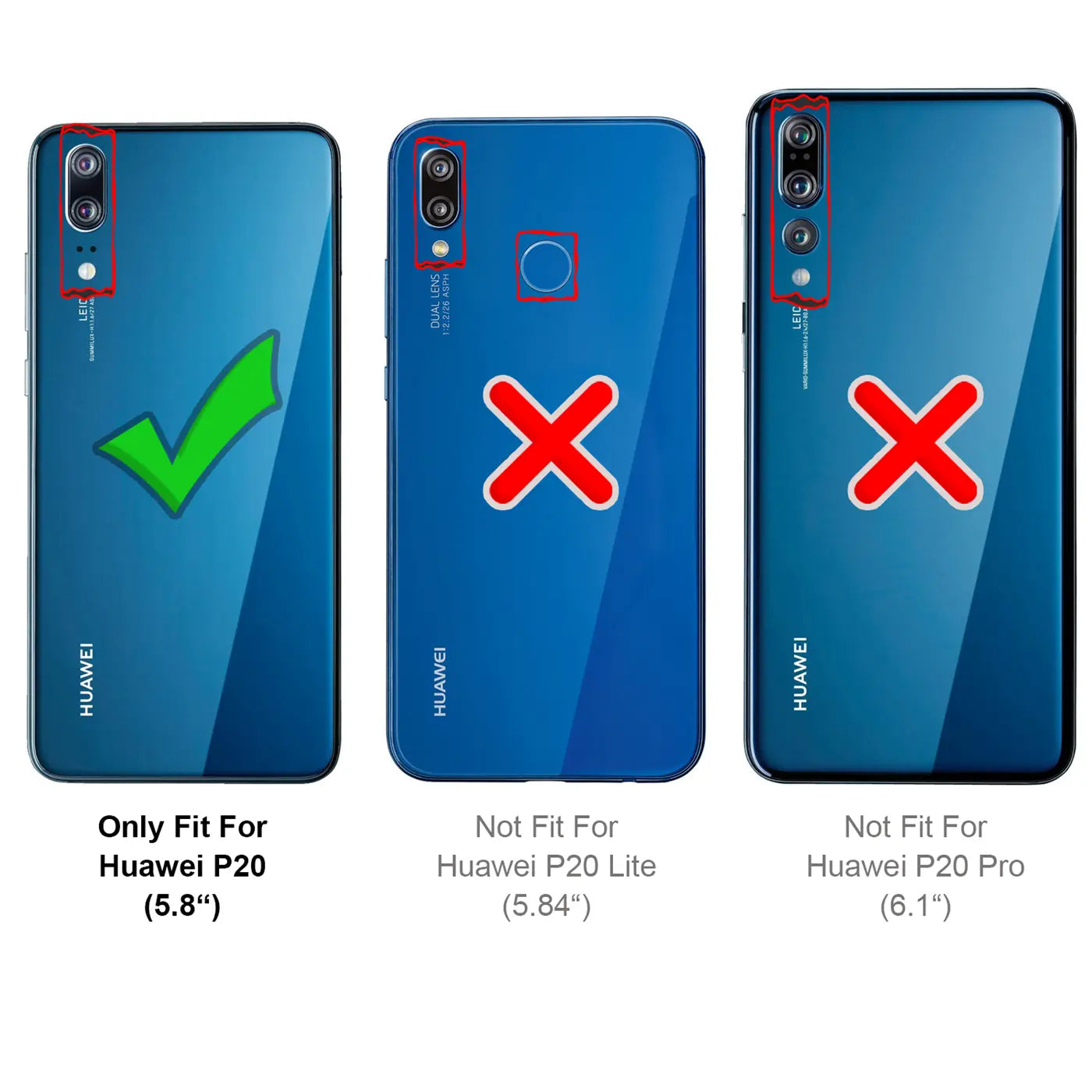 Drei blaue Huawei-Smartphones von hinten, zeigen Kompatibilität mit P20, aber nicht P20 Lite oder P20 Pro.