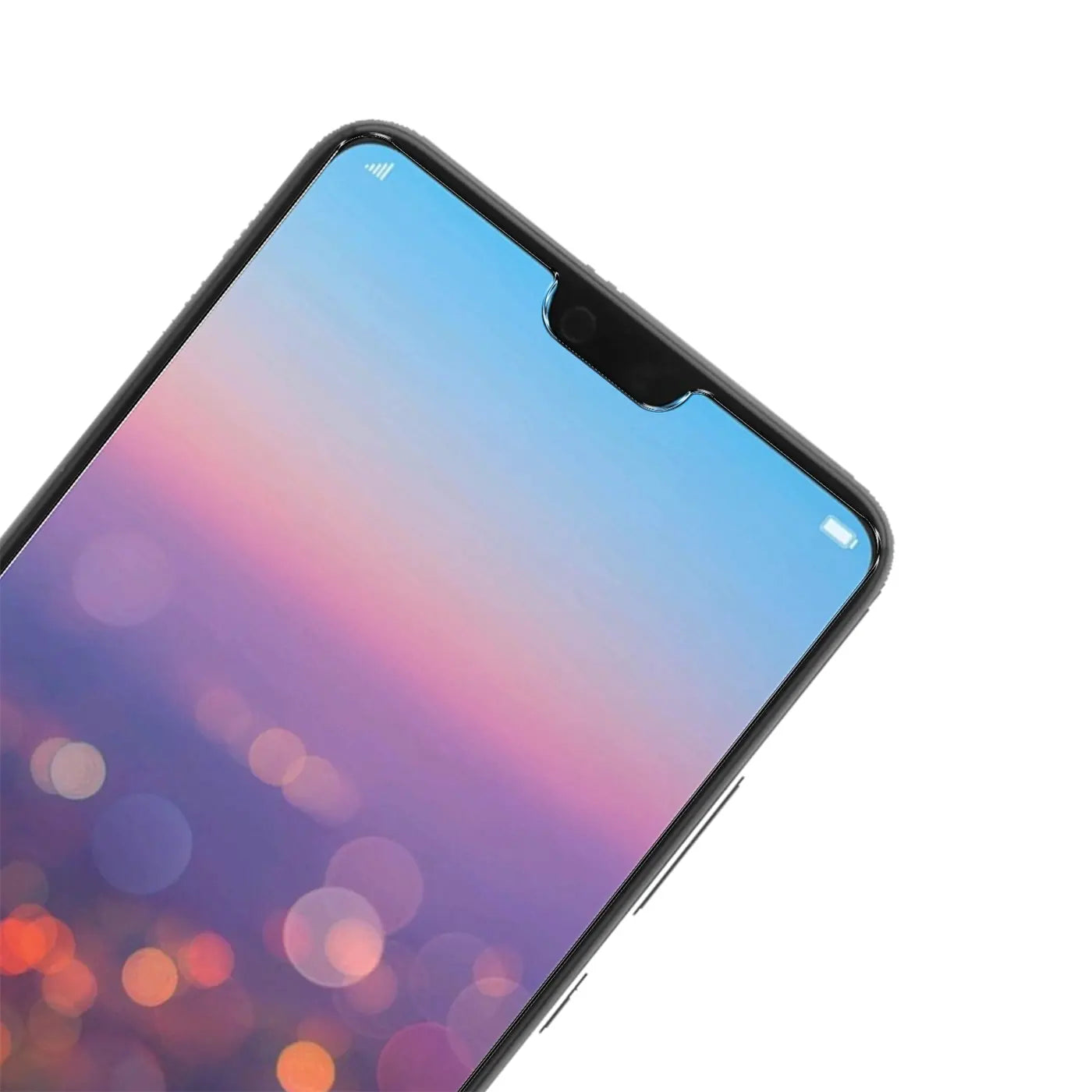 Nahaufnahme eines schwarzen Huawei P20 Smartphones mit Displayschutzfolie, schräg von oben rechts fotografiert.