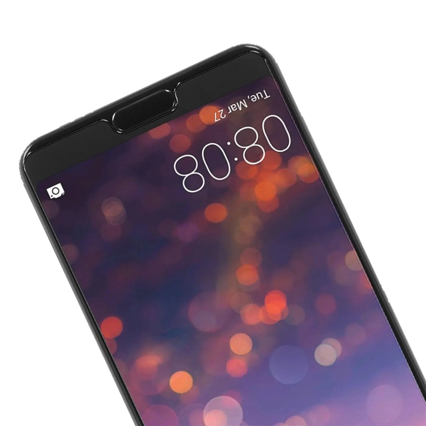 Huawei P20 mit schwarzem Panzerglas Displayschutz, schräg von oben. Aussparung für Notch und Lautsprecher sichtbar.
