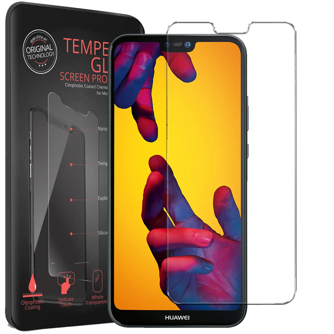 Schwarze Verpackung mit Panzerglas-Info, daneben ein Huawei P20 Lite mit Displayfolie und eine weitere Folie.