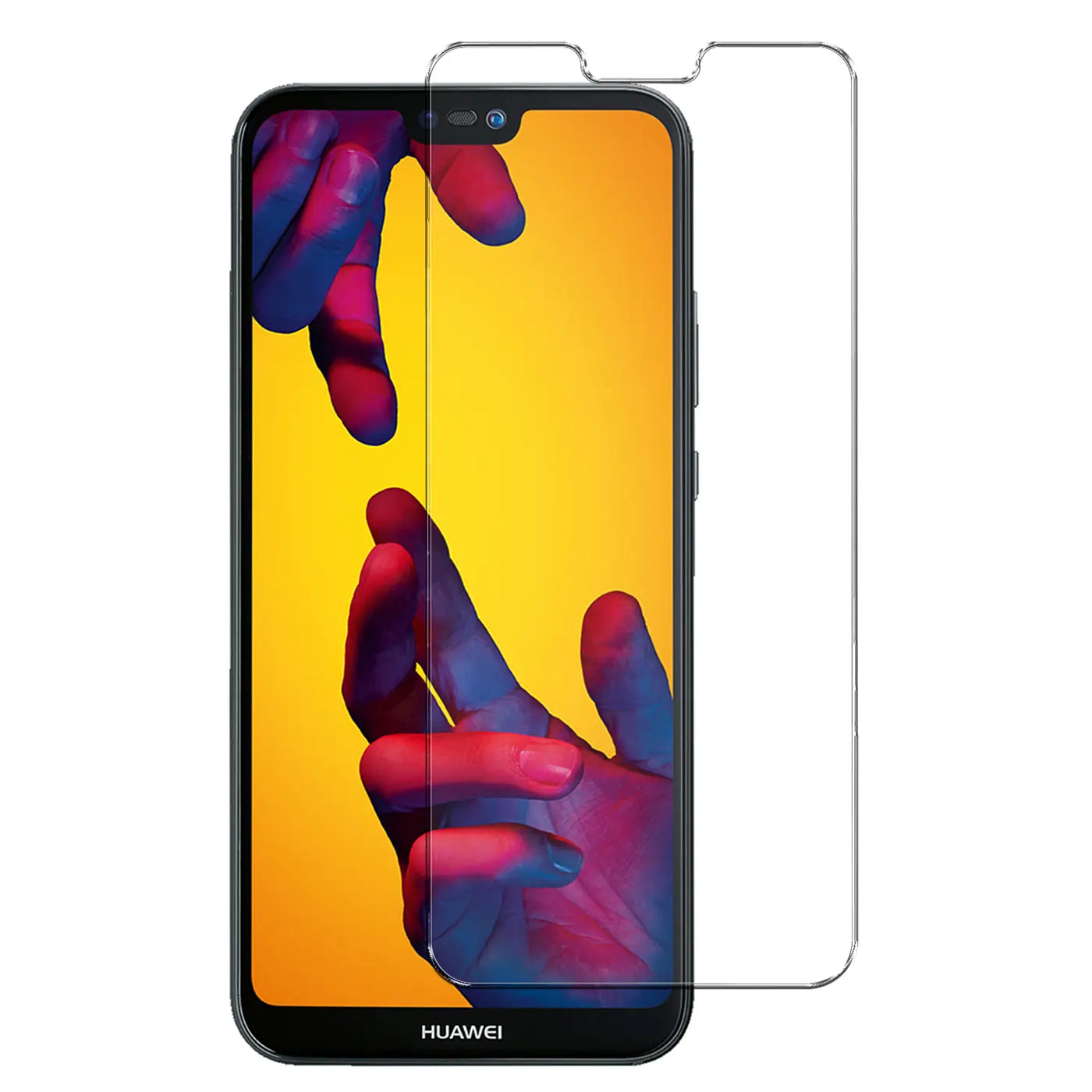 Huawei P20 Lite Handy mit transparentem Panzerglas-Displayschutz, von vorne gesehen.
