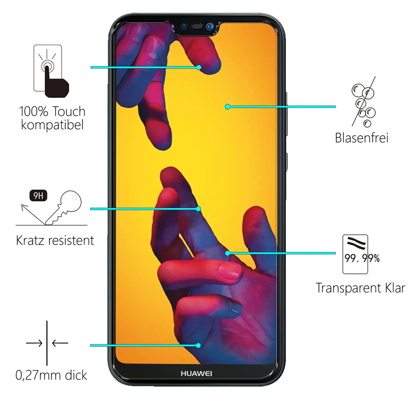Huawei P20 Lite Smartphone mit transparentem Panzerglas-Displayschutz, Frontansicht, weiße Infografiken.