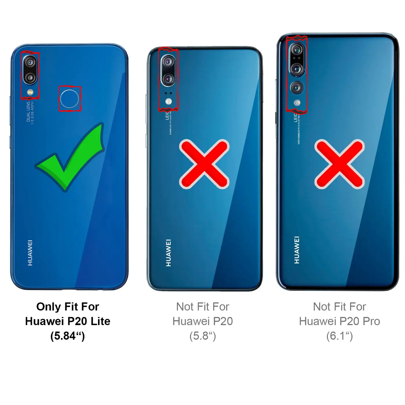 Drei blaue Huawei P20 Modelle von hinten, nebeneinander. Das linke ist ein P20 Lite mit grünem Haken, die anderen zwei mit.