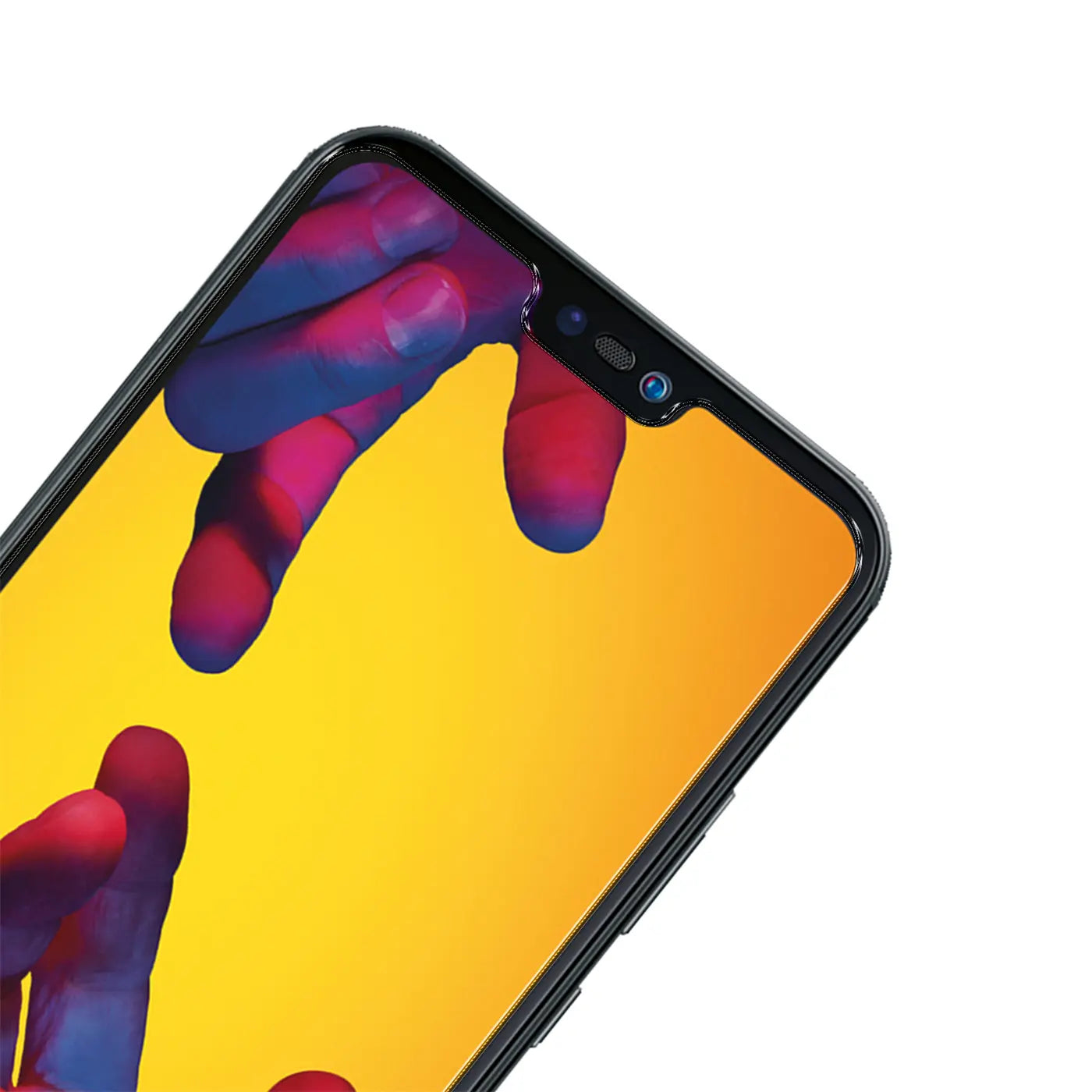 Schwarzes Huawei P20 Lite Smartphone, schräg von oben, mit Notch und buntem Display, auf weißem Hintergrund.