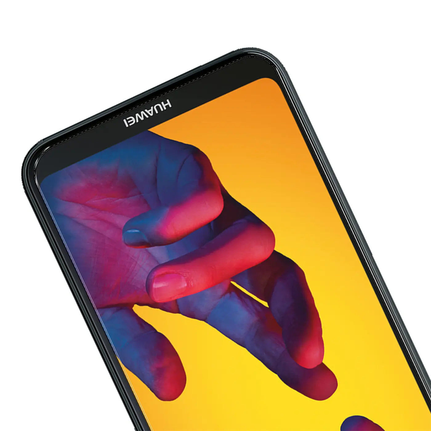 Schwarzes Huawei P20 Lite Smartphone, schräg von oben rechts, mit buntem Hand-Hintergrundbild auf dem Display.