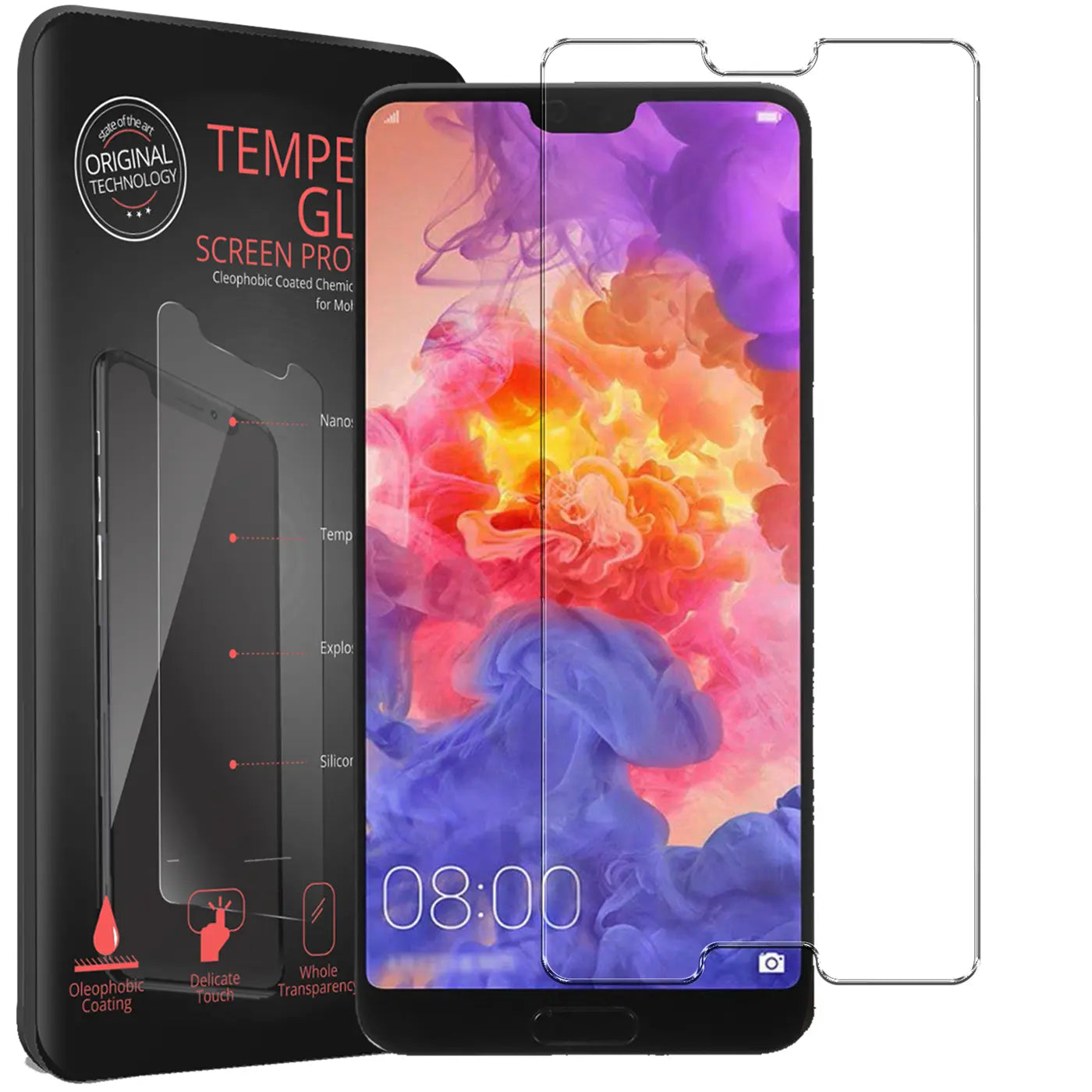 Schwarzes Huawei P20 Pro mit installiertem, transparentem Panzerglas-Displayschutz, daneben ein zweites Glas und die.