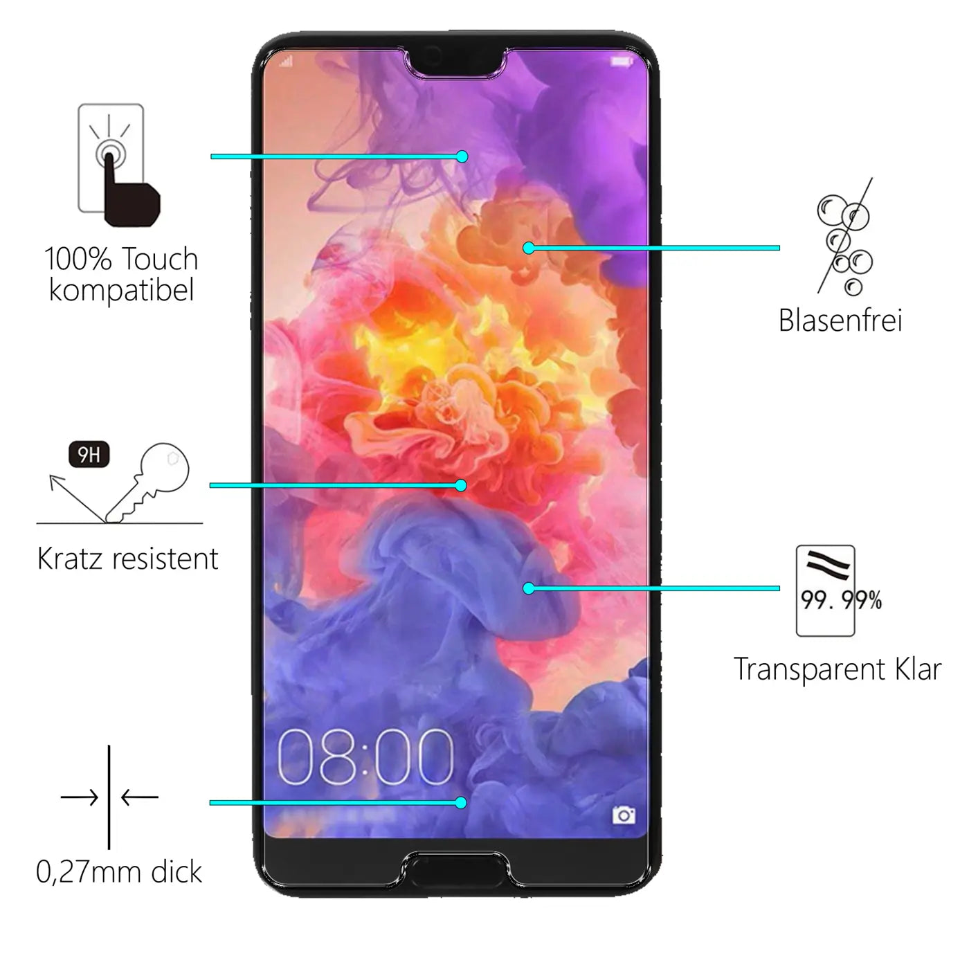 Schwarzes Huawei P20 Pro mit bunten Display-Hintergrund, umgeben von Produktmerkmalen für Panzerglas-Displayschutz.