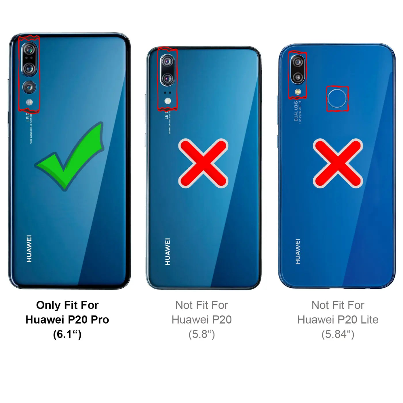Drei blaue Huawei-Smartphones von hinten, zeigen Kompatibilität mit P20 Pro (links, Haken) und Inkompatibilität mit P20/P20.