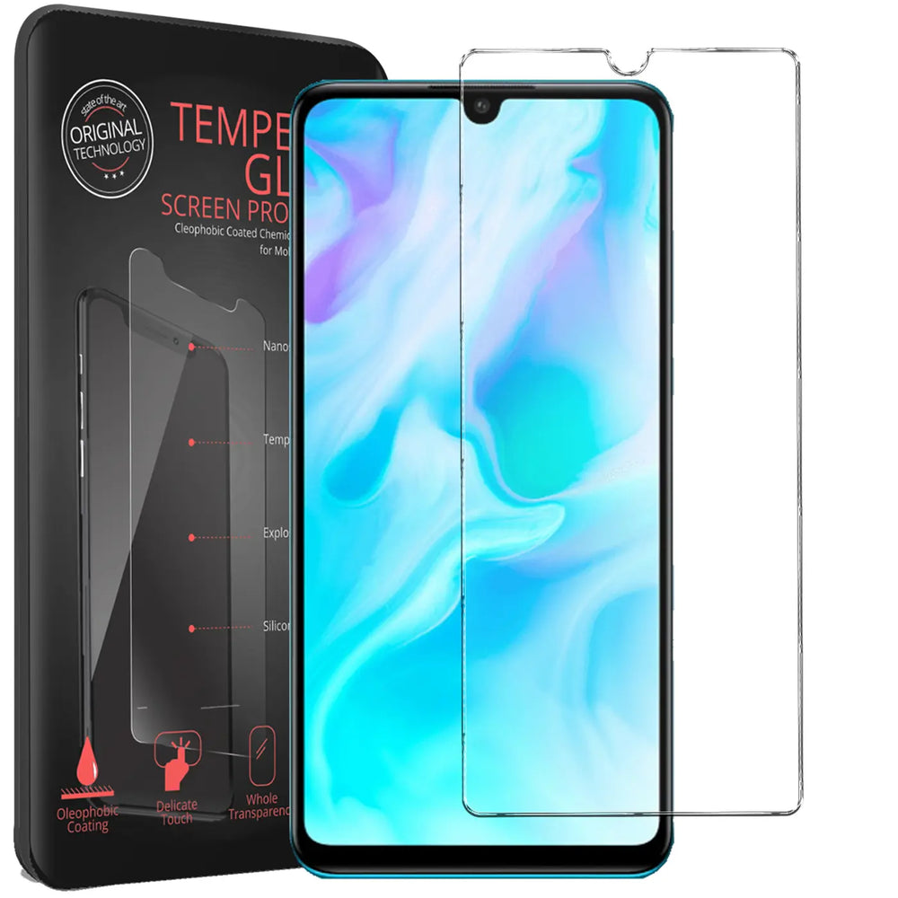 Schwarze Verpackung, ein Huawei P30 und zwei transparente Panzergläser von vorne, leicht schräg.