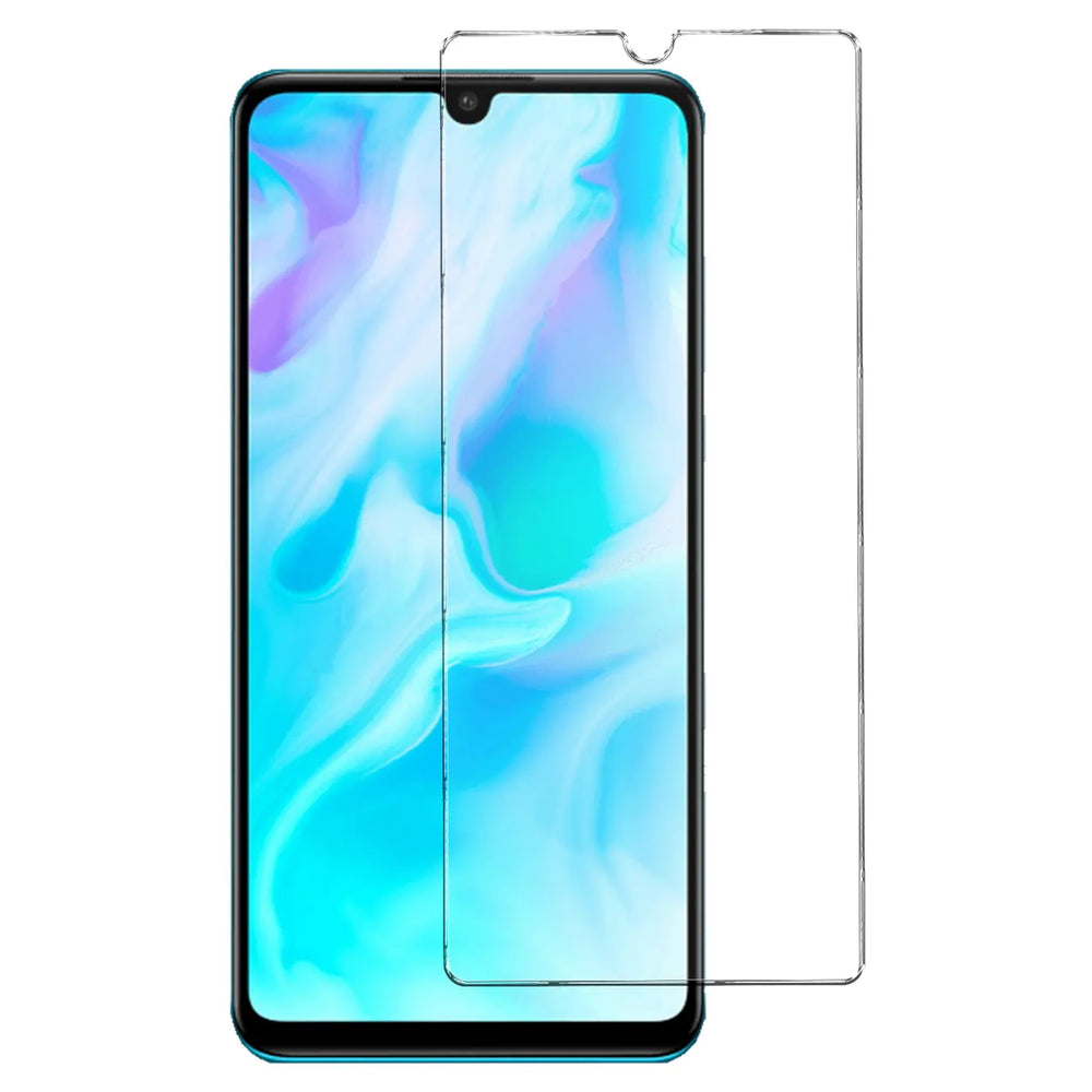 Huawei P30, frontal, mit einem transparenten Panzerglas-Displayschutz aus Glas, der rechts daneben liegt.