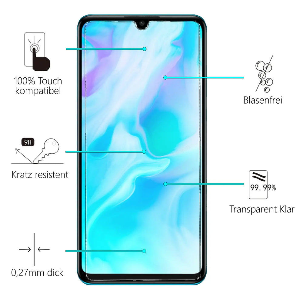 Huawei P30 mit transparentem Panzerglas-Displayschutz, frontal. Blaue und violette Hintergrundgrafik.