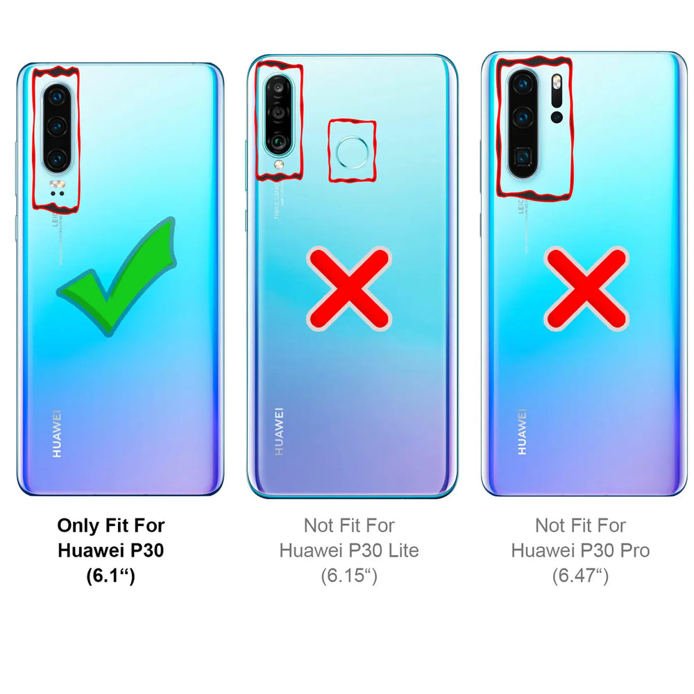 Drei blaue Huawei P30 Rückseiten, von oben. Links mit Haken für P30, Mitte und rechts mit X für P30 Lite/Pro.